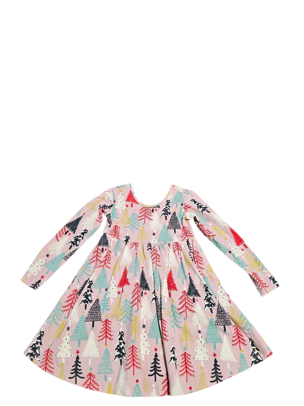 Hanna Andersson girls Pink Holiday Tree Print Long-Sleeve skater Twirl Dress 5